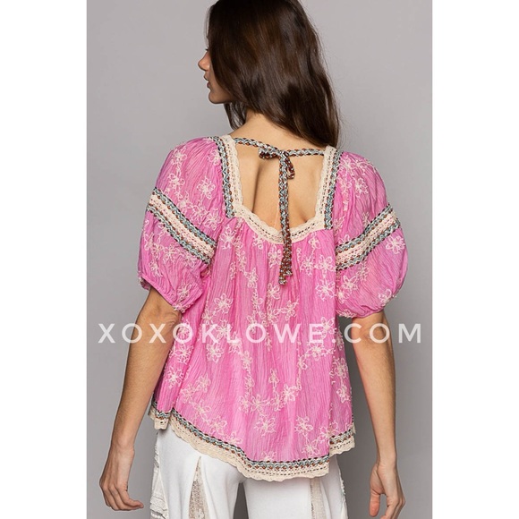 POL Pink Floral Embroidered Square Neck Half Sleeve Chiffon Top - Picture 6 of 15